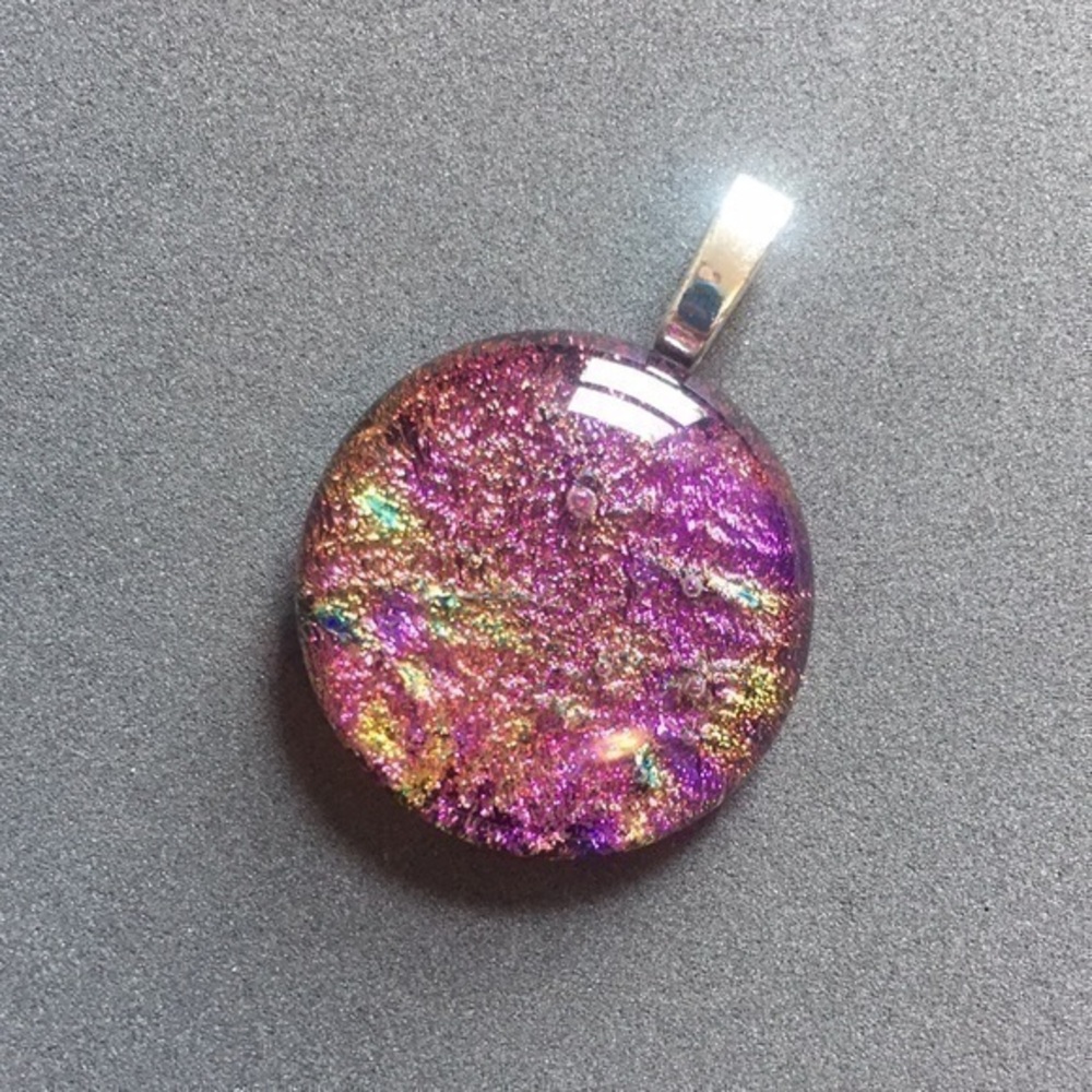UNIQUE Pink Purple Sparkling Iridescent Round Dichroic Glass Pendant